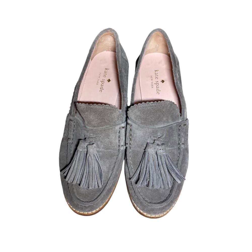 Kate Spade‎ Gray Suede Tassel Loafers with Gold Detail Classic Slip-On Shoes